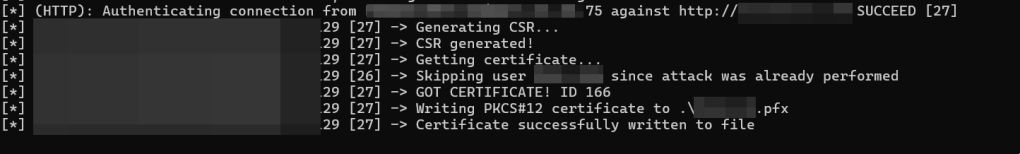 Terminal output displaying steps in a certificate generation process, including CSR generation and writing a certificate file.