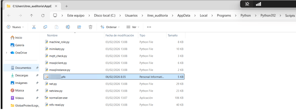Screenshot of a file directory on a Windows computer showing various Python files and a personal information file with a .pfx extension.