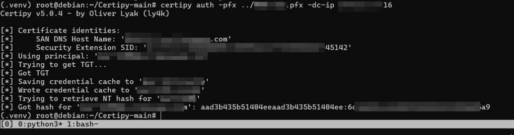 Terminal window displaying the output of the Certipy command-line tool for certificate management, showing details like certificate identities, security extension SID, and hashes.
