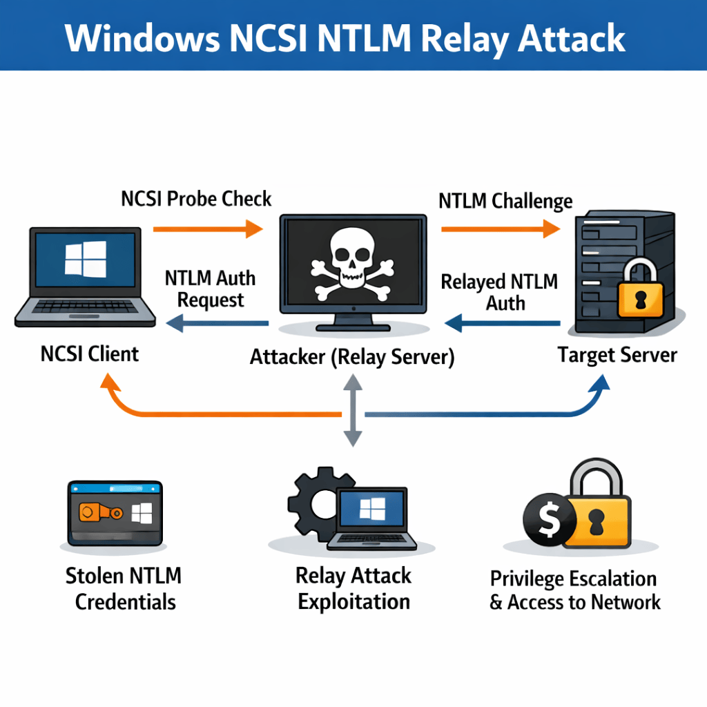Diagram illustrating the Windows NCSI NTLM Relay Attack, showing interactions between an NCSI client, attacker relay server, and target server, including processes for NTLM authentication, credential theft, and privilege escalation.