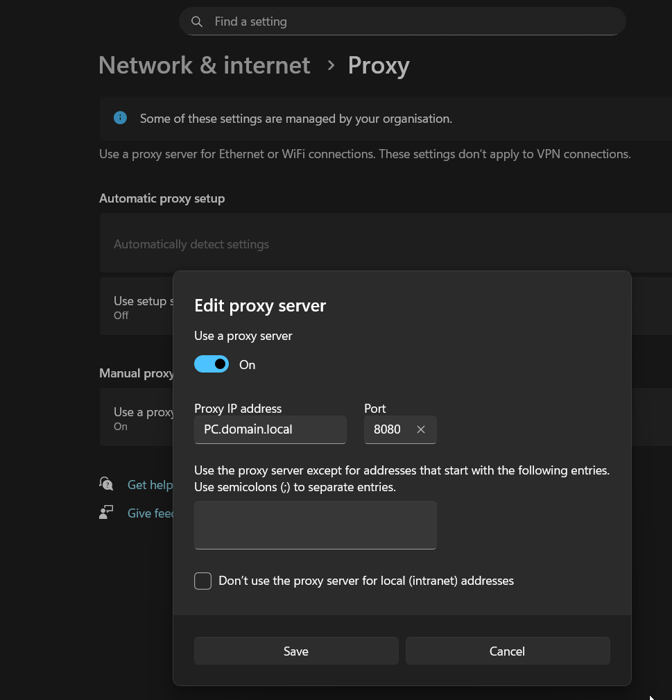 Network settings interface showing proxy options with fields for enabling a proxy server, entering a proxy IP address, and specifying a port.