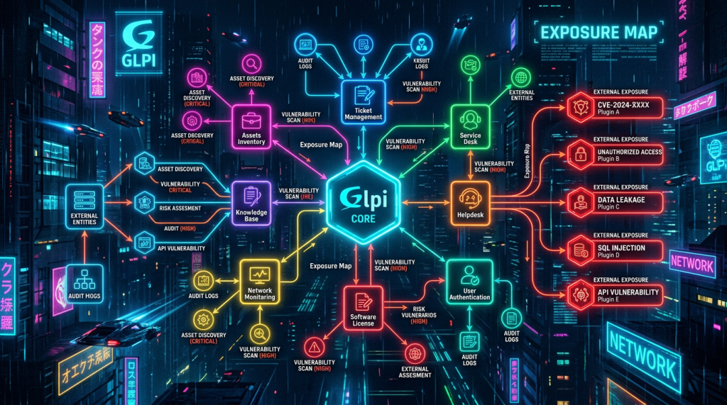 GLPI Core exposure map showing vulnerability scans, asset inventory, service desk, helpdesk, and external exposures