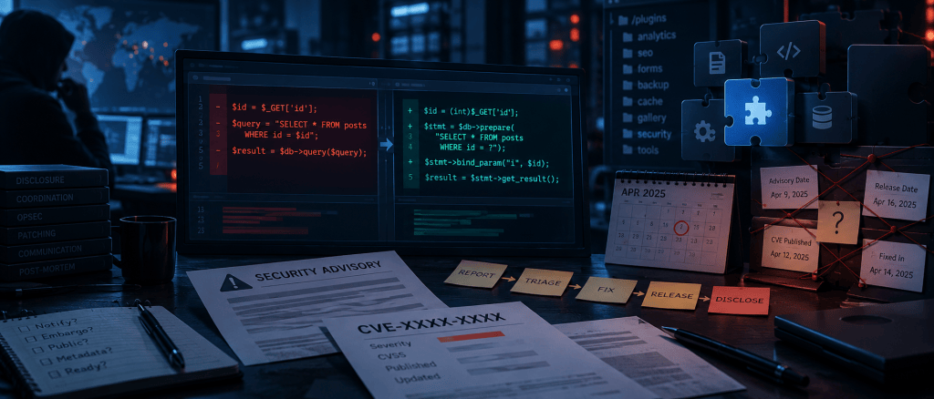 A dimly lit workspace displaying multiple computer screens with coding scripts and a calendar, accompanied by various papers labeled 'Security Advisory' and 'CVE-XXXX-XXXX'.