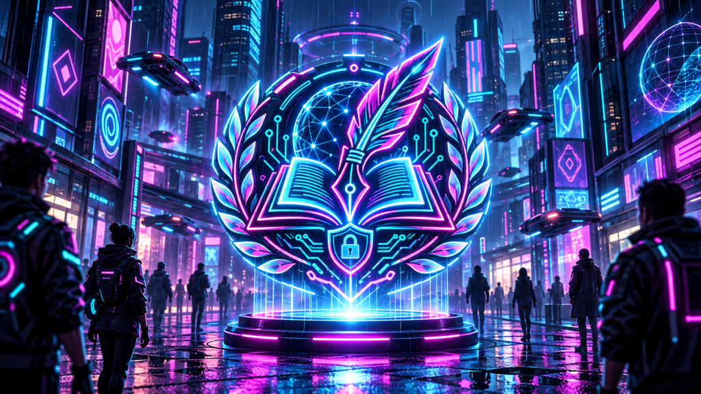Futuristic cityscape illuminated by neon lights, featuring a large digital emblem with a book and quill surrounded by laurel leaves, while figures in dark cloaks observe the scene.