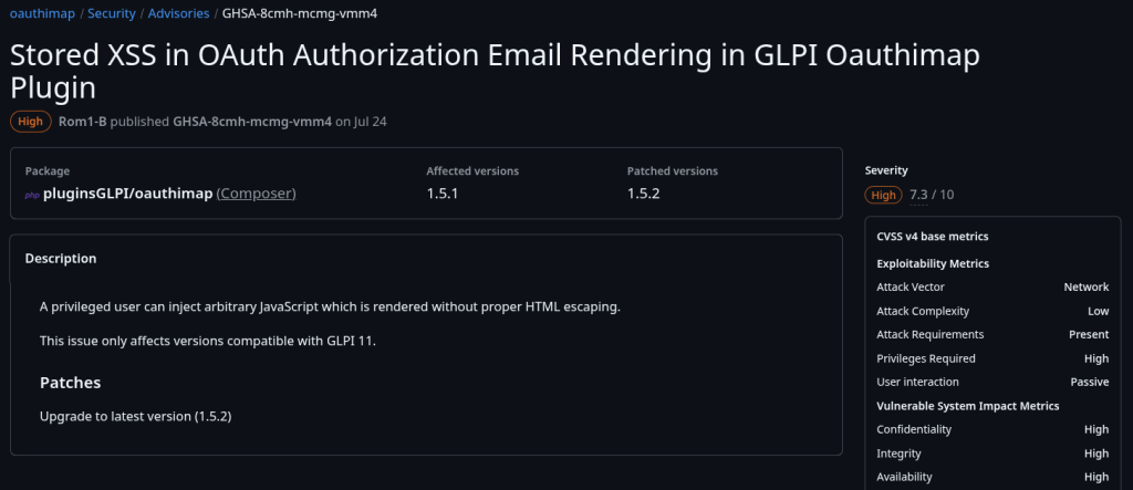 Security advisory for OAuth Authorization Email Rendering in GLPI Oauthimap Plugin, highlighting a high severity stored XSS vulnerability.